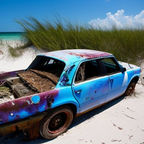 a tagged up car, abandoned on the beaches of florida