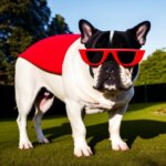 a french bull dog with a red hat and triangular sun glasses