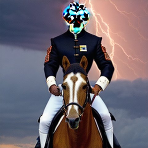 Barack Obama riding a horse in a medieval outfit, storm with lightnings in the background.