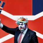 Boris johnson waving a union jack flag, standing on a smoking pile of horse manure