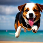 A dog flying at the beach