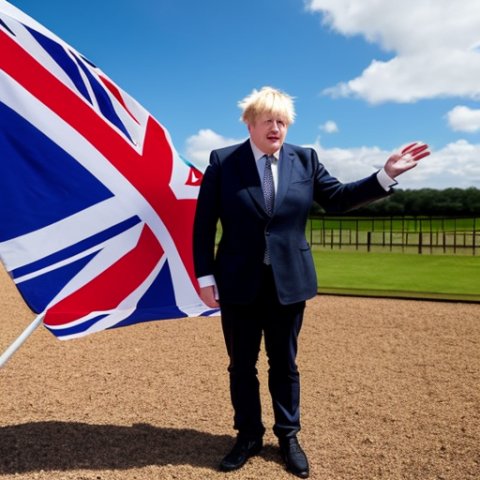 Boris johnson waving a union jack flag, standing on a smoking pile of horse manure