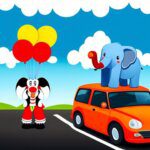 Clown and elephant in cartoon car