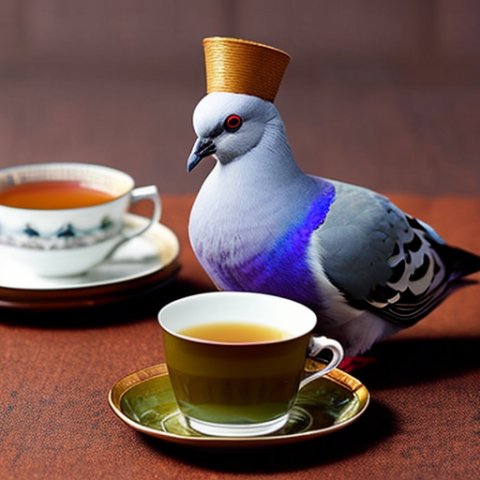 a pigeon dressed as gentleman drinking tea