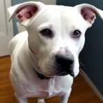 My dog, Otis, who is a white pitbull terrier with a brown spot around one eye