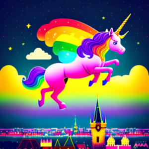 a unicorn jumping over the city of Prague skyline with a rainbow trailing. Image should be in a graphic style