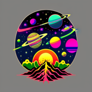 Tshirt design using just 6 vibrant colors, Include an astronaut, solar system with broken planets, with just space dust across the top