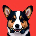 a corgi dog waering headphones and looking happy in illustration art