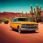 A vintage-style design featuring a retro car driving through the desert with cacti in the background