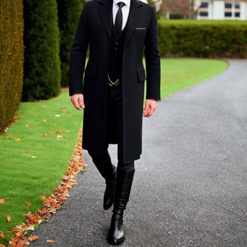 A gentleman with tie and coat and black boots