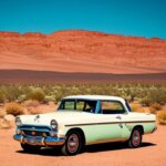 "A vintage-style design featuring a retro car driving through the desert with cacti in the background