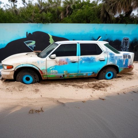 a tagged up car, abandoned on the beaches of florida. Tag up dface in the sand