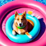 dog sunbathing on a floatie holding a pina colada in a big pool